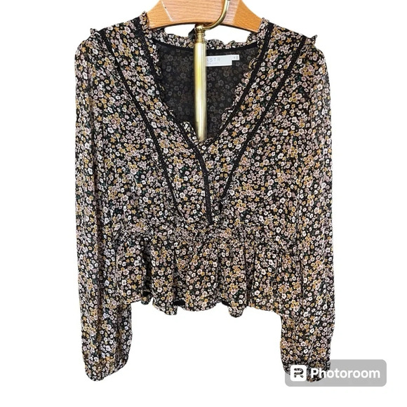 ASTR THE LABEL ~ Ximena Dark Ditsy Floral Faux Wrap Peplum Top in Black Mustard - Picture 2 of 13